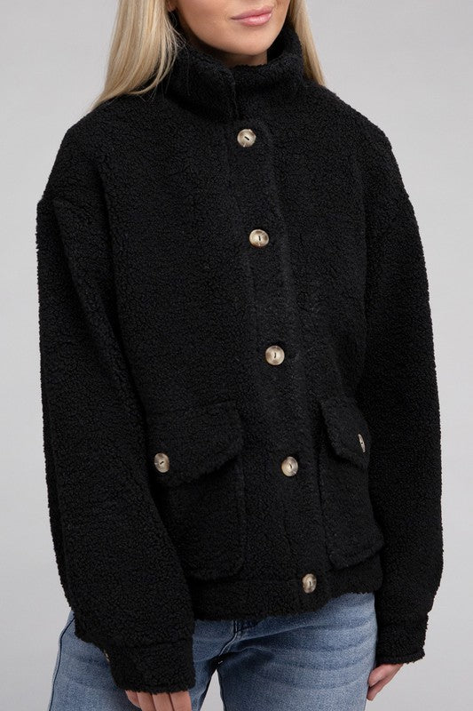 Cozy Sherpa Button-Front Jacket Black