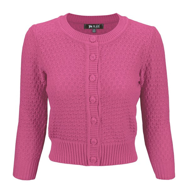 Cute Pattern Cropped Cardigan Sweater 3/4 Sleeve Magenta