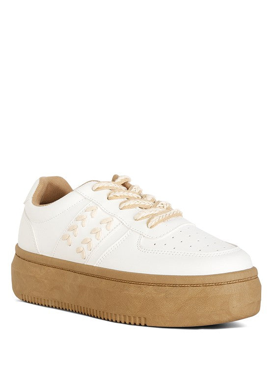 Monigue Faux Leather Cross Stitch Detail Sneakers WHITE
