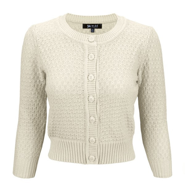 Cute Pattern Cropped Cardigan Sweater 3/4 Sleeve Oatmeal
