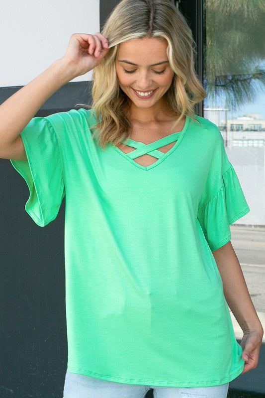 PLUS SOLID LACE UP SHORT SLEEVE TOP Mint Green
