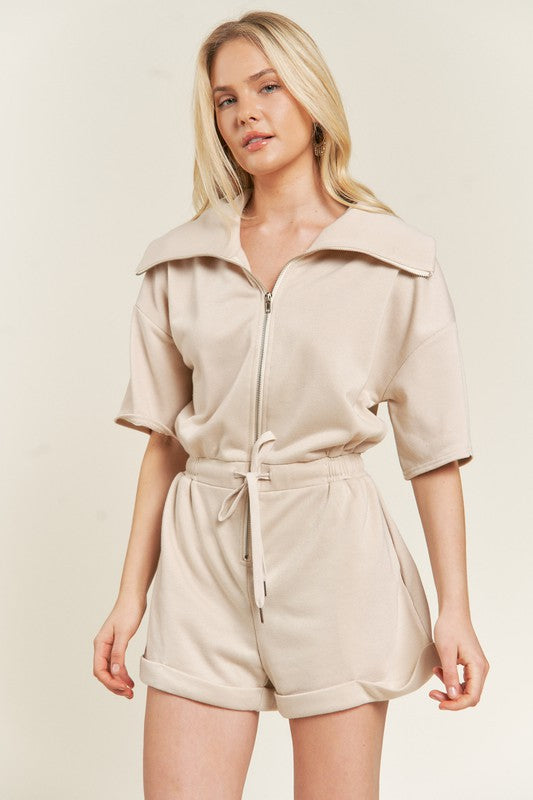 TERRY ZIP FRONT ROMPER BEIGE