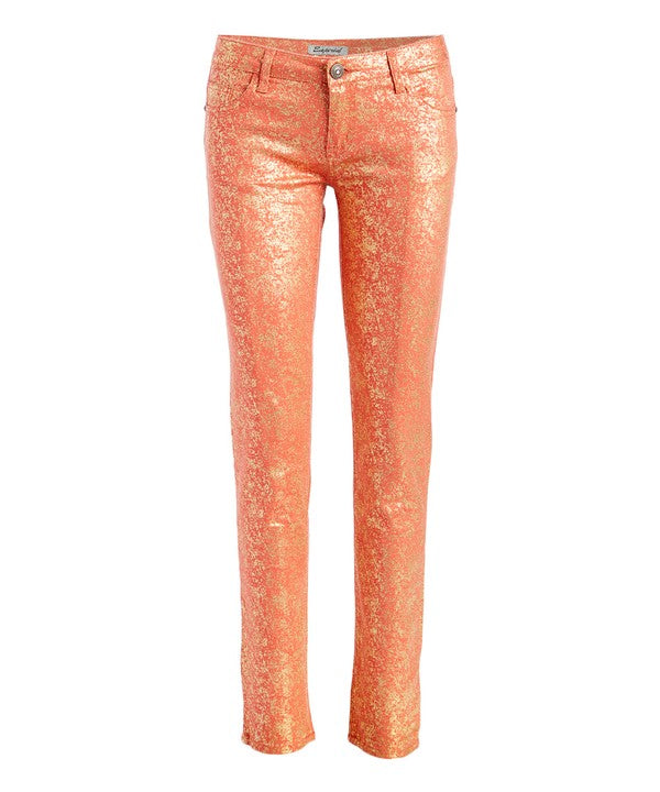 Low Rise Metallic Print Skinny jeans Pants Coral