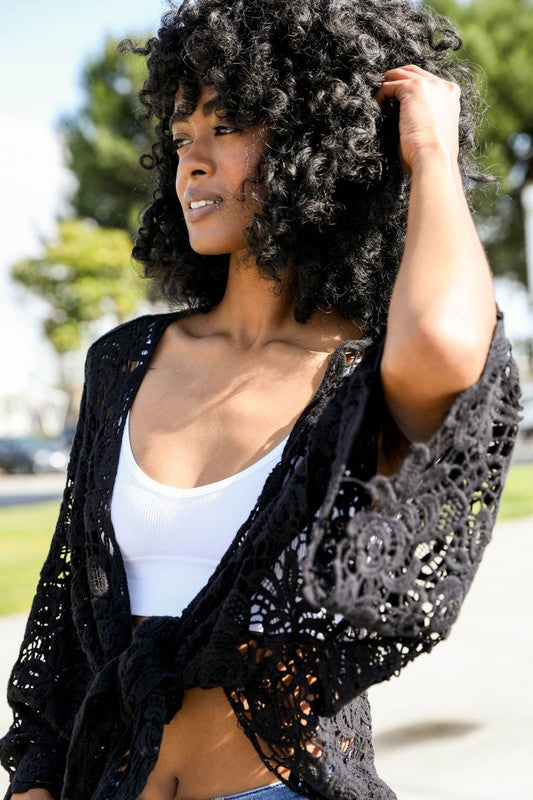 Crochet Floral Petal Kimono Wrap Black Default