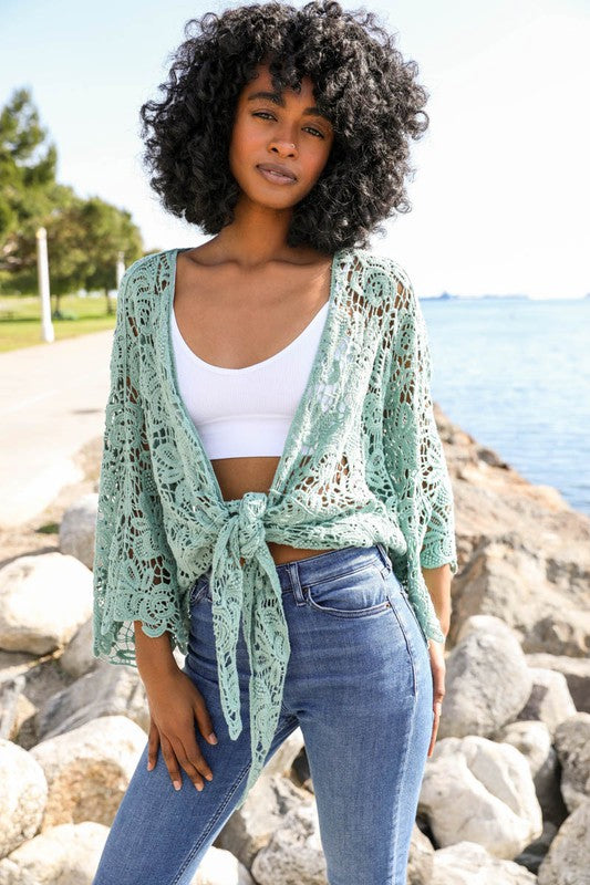 Crochet Floral Petal Kimono Wrap Mint Default