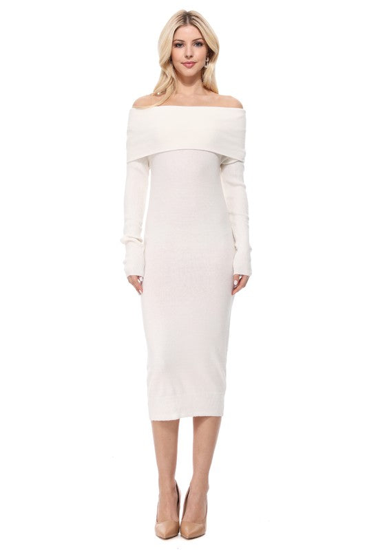 Off Shoulder Long Sleeve Slim Fit Midi Knit Dress Ivory