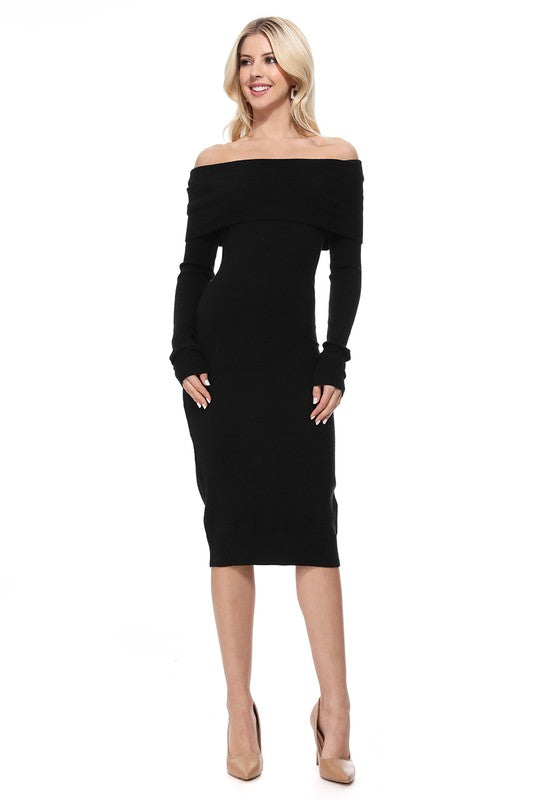 Off Shoulder Long Sleeve Slim Fit Midi Knit Dress Black