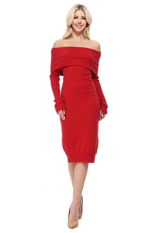 Off Shoulder Long Sleeve Slim Fit Midi Knit Dress Red