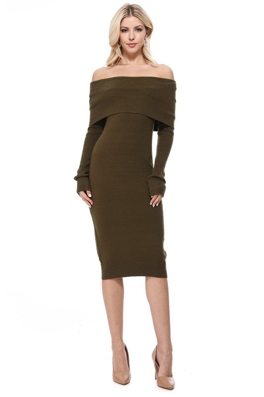 Off Shoulder Long Sleeve Slim Fit Midi Knit Dress Olive
