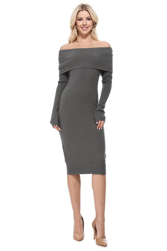Off Shoulder Long Sleeve Slim Fit Midi Knit Dress Charcoal