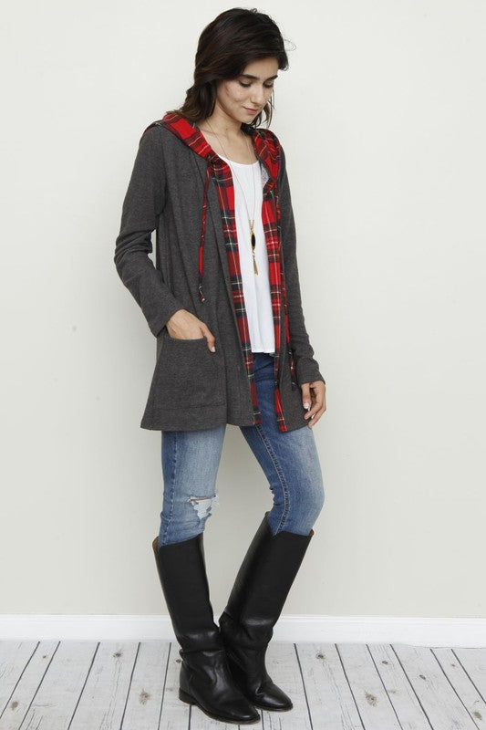 Plus Hooded plaid Trimmed Cardigan Charcoal/Red Plaid