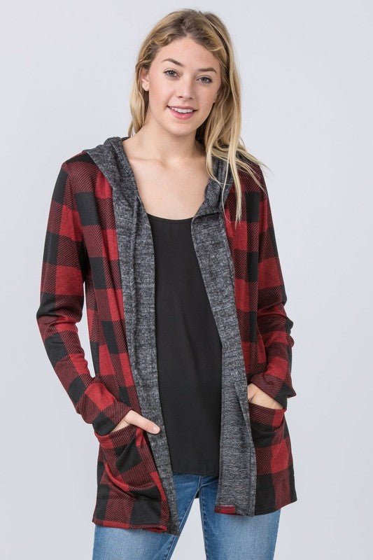 Plus Plaid Checker Print Cardigan with Hoodie Red