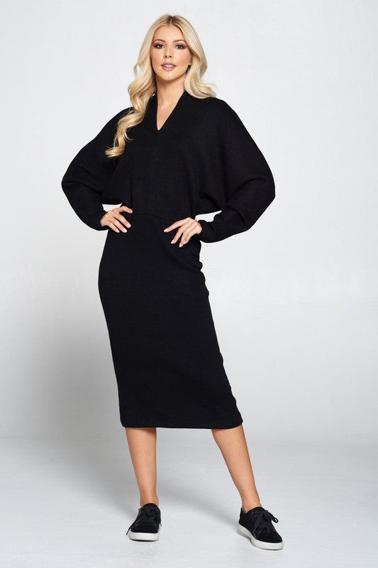 Sweater Knit Dolman Sleeve Midi Dress BK