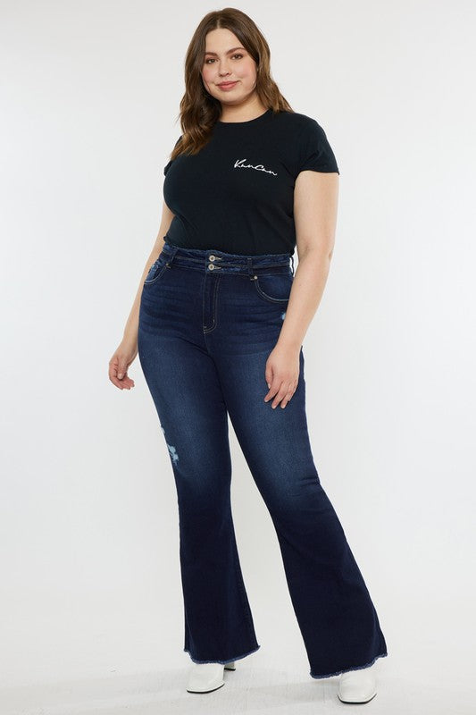 Plus High Rise Double WB Fray Hem Flare Jeans DARK