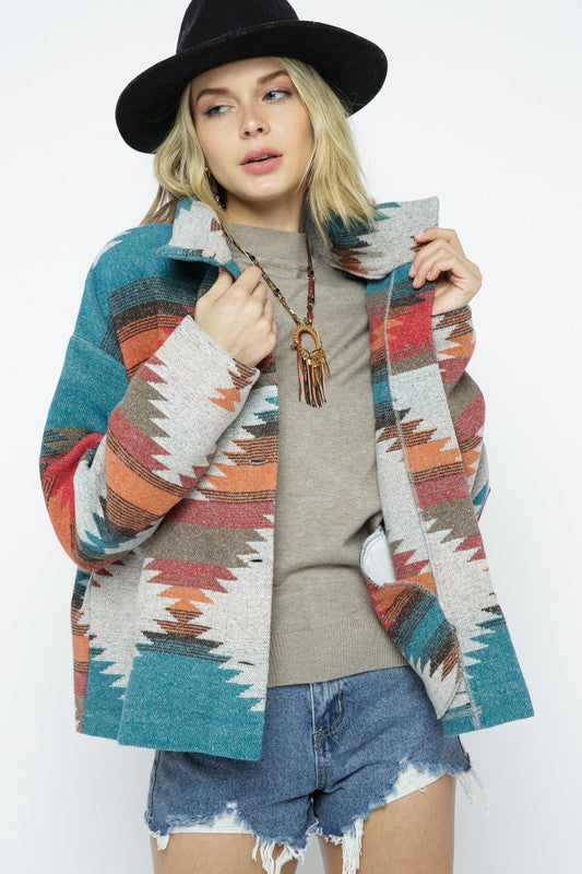 Soft Comfy Lightweight Aztec Pattern Jacket TEAL ORANGE MIX