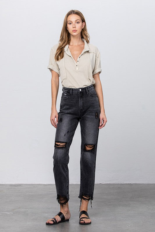 HIGH WAIST MOM FIT BLACK ANKLE JEANS BLACK
