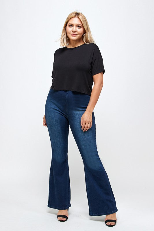 PLUS SIZE MID-RISE BANDED WIDER FLARE JEANS DARK