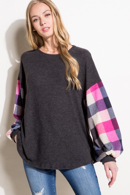 PLUS MULTI PLAID MIXED TOP Charcoal