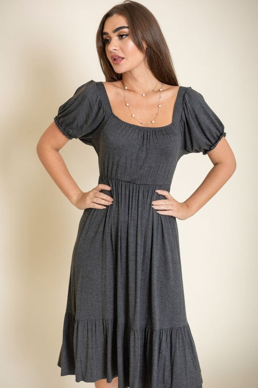 Square Neck Puff Sleeve Boho Dress Charcoal