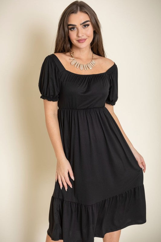 Square Neck Puff Sleeve Boho Dress Black