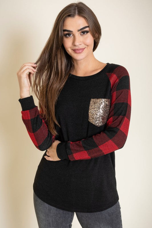 Plus Checker Sleeve Sequin Pocket Tunic Black/Red