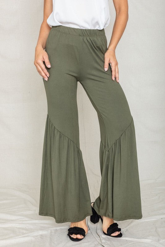 Diagonal Trim Ruffle Hem Pants Black