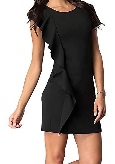 SHORT SLEEVE DRESS WITH ASYMMETRICAL RUFFLE Black