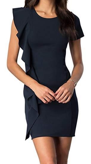 SHORT SLEEVE DRESS WITH ASYMMETRICAL RUFFLE Navy