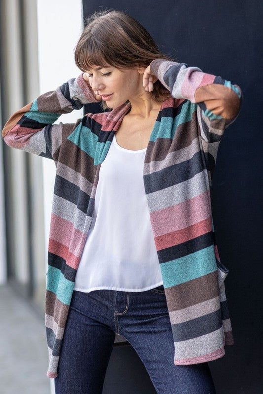 Plus Suede Elbow Patch Open Cardigan with Pockets pink mint