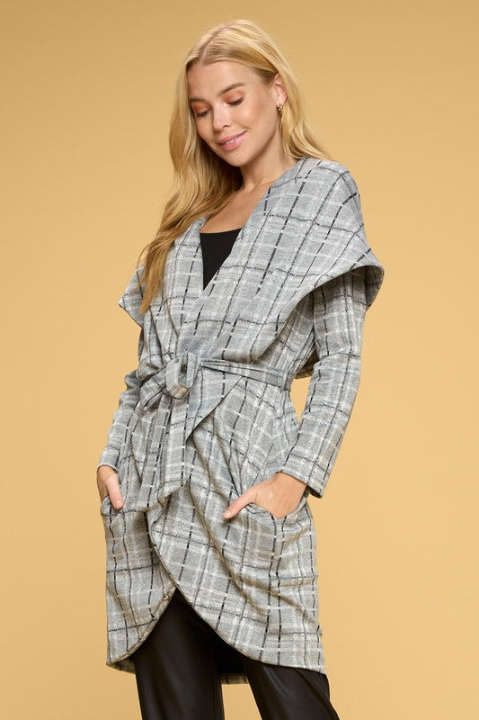 Plaid Open Front Cardigan with Tie GY