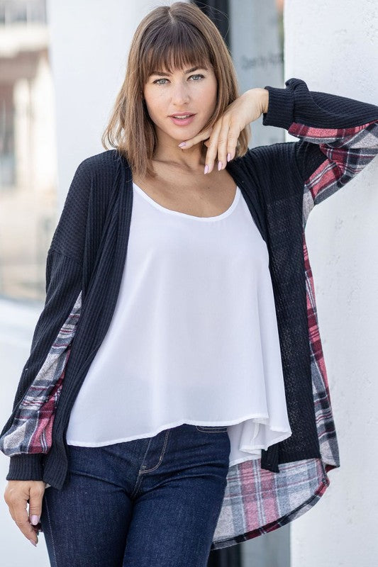 Plaid Back Waffle Knit Cardigan BLACK/ RED PLAID
