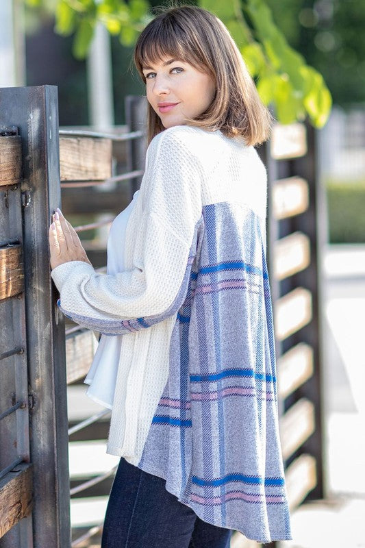 Plaid Back Waffle Knit Cardigan BROWN/BROWN PLAID