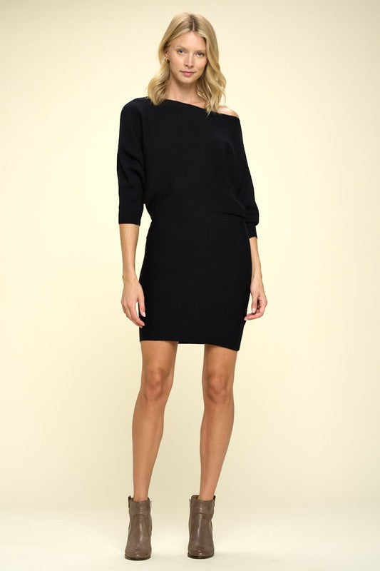 Ribbed Sweater Knit Dolman Sleeve Dress BK