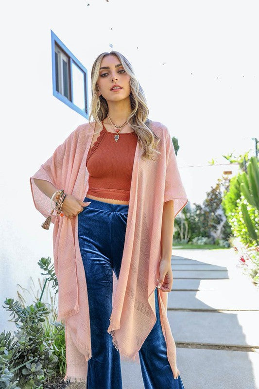 Diamond Embroidered Frayed Edge Kimono Blush One Size