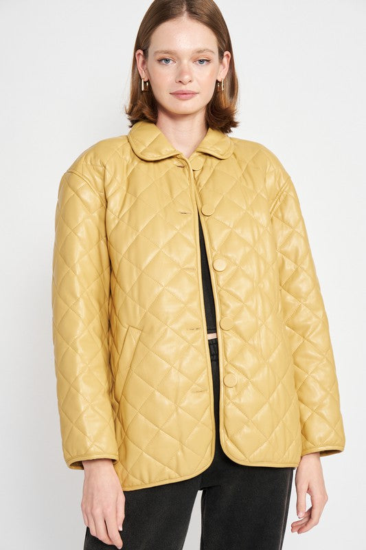 QUILTED PU BUTTON DOWN JACKET MUSTARD