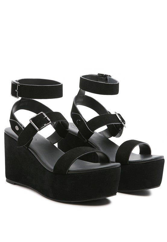RAG&CO PORTIA LEATHER WEDGE SANDAL Black