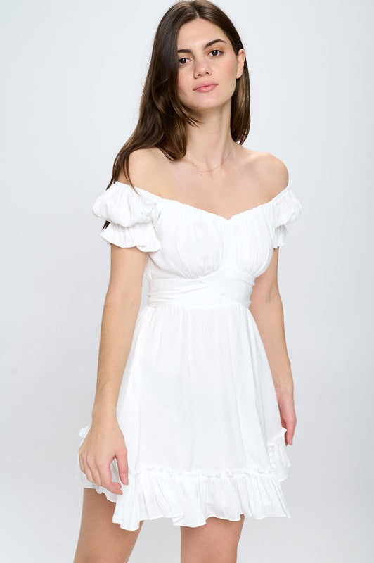 Off Shoulder Ruffle Mini Dress WHITE