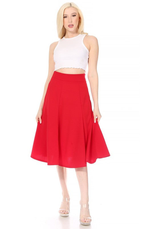Paneled, A-line midi skirt with banded waist. Red