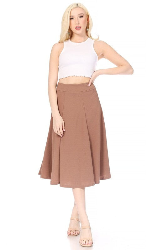 Paneled, A-line midi skirt with banded waist. Mocha