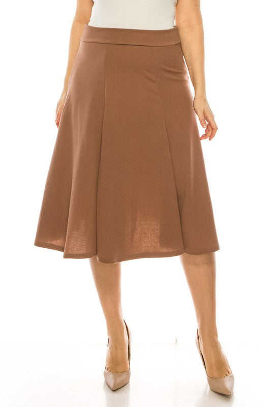 Plus size, paneled, A-line midi skirt Mocha
