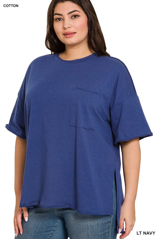 Plus Row Edge High-Low Hem Box Top LT NAVY