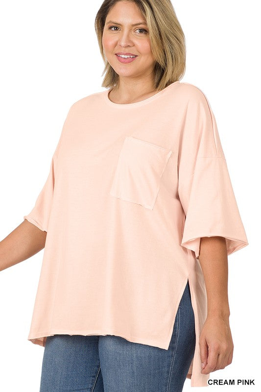 Plus Row Edge High-Low Hem Box Top CREAM PINK