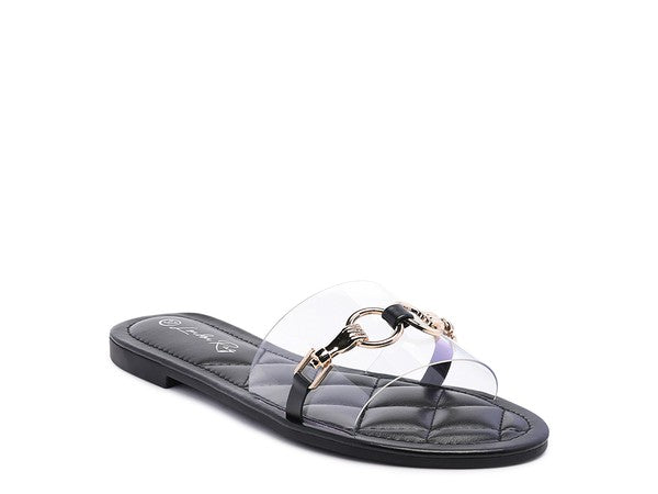 SCOTH Clear Buckled Quilted Slides Black
