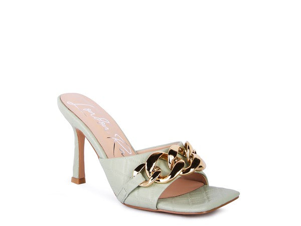 MERMAID Quilted Metal Chain Heeled Sandals Mint