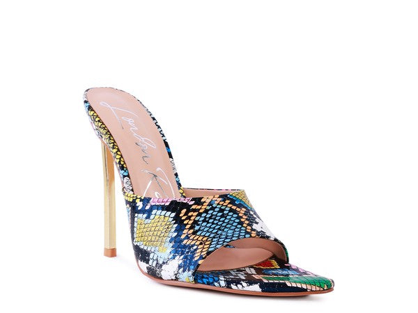 BOTTOMS UP Pointed High Heel Sandal Multi Snake