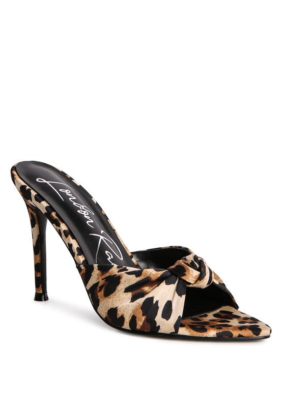 FIRST CRUSH SATIN KNOT HIGH HEELED SANDALS Leopard