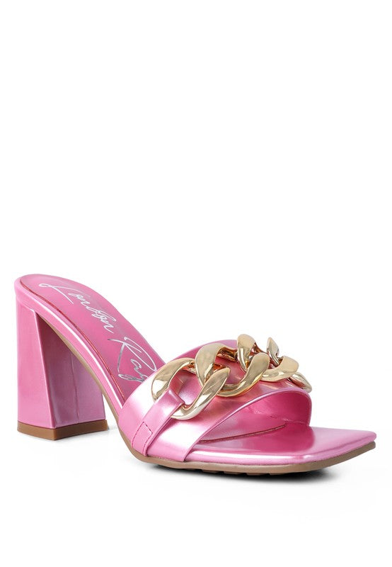 PLAYDOLL METAL CHAIN DETAIL BLOCK HEEL SANDAL Pink