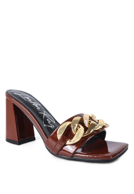 PLAYDOLL METAL CHAIN DETAIL BLOCK HEEL SANDAL Espresso