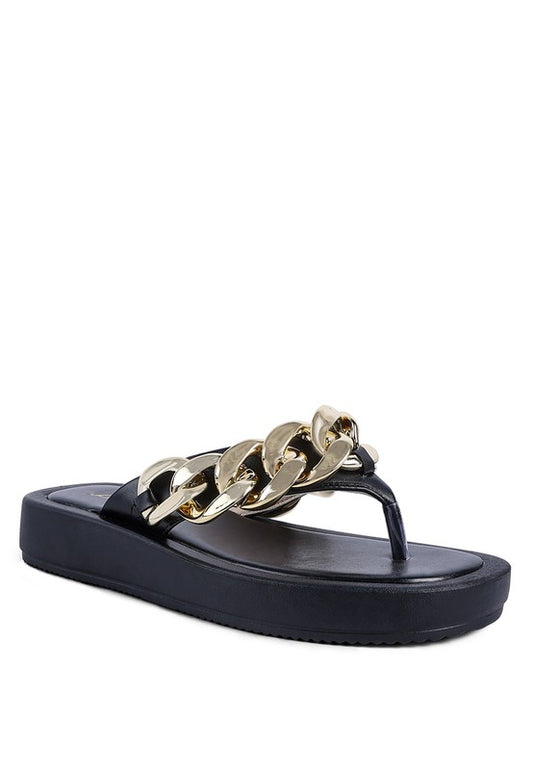 Zing Link Chain Thong Flats Black Gold