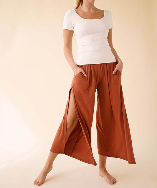 BAMBOO ANKLE LENGTH SLIT PANTS RUST